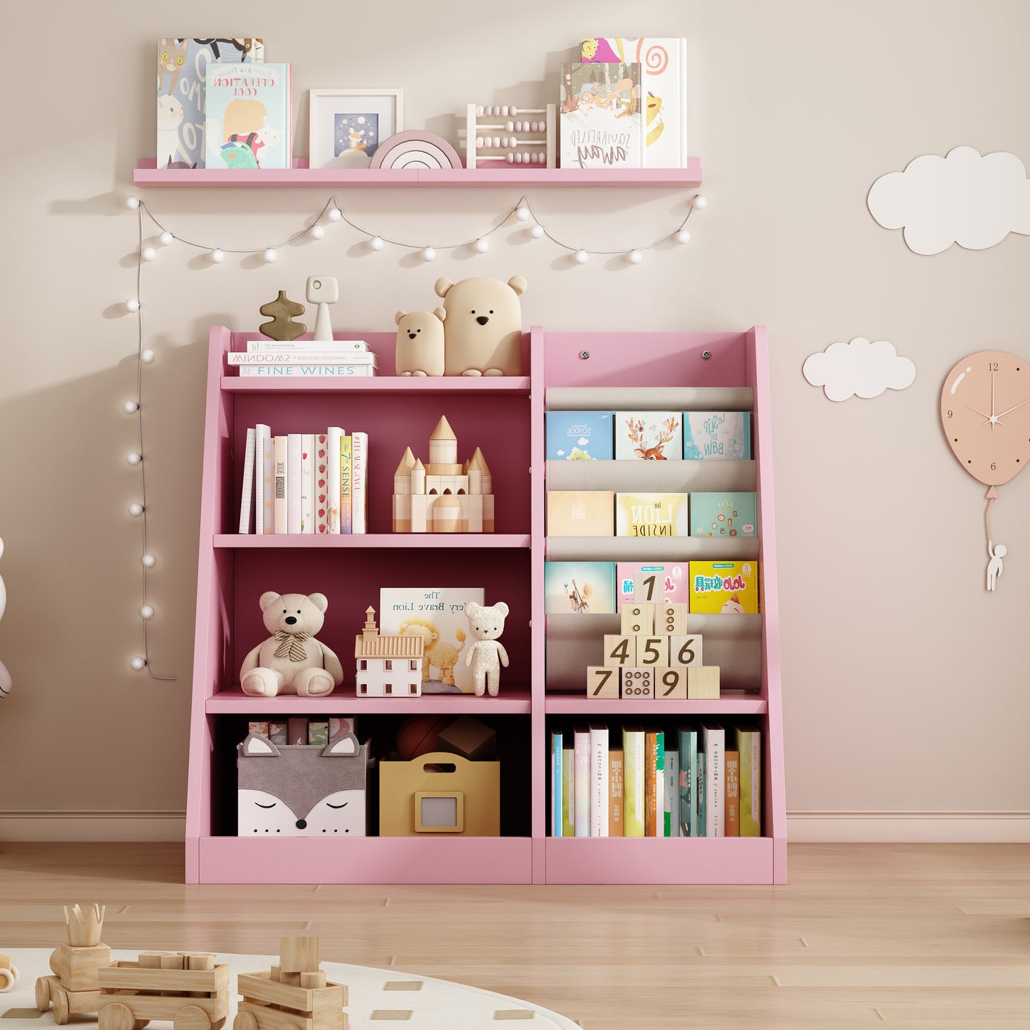 Floor Bookshelf for Kids, SHINPT Bookcase for Kids Rooms, Kids Bookshelf and Toy Storage with 4 Tiers, Wooden Book Storage for Playroom, Bedroom, Nursery, Hallway, School, Kindergarten, Living Room