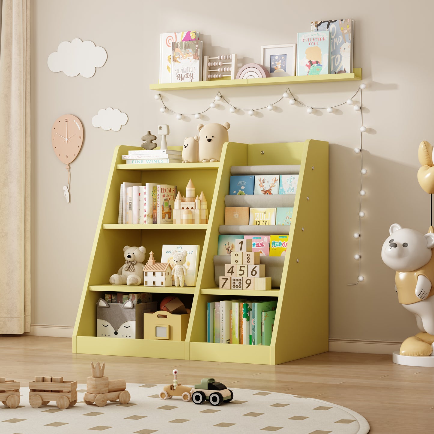 Floor Bookshelf for Kids, SHINPT Bookcase for Kids Rooms, Kids Bookshelf and Toy Storage with 4 Tiers, Wooden Book Storage for Playroom, Bedroom, Nursery, Hallway, School, Kindergarten, Living Room