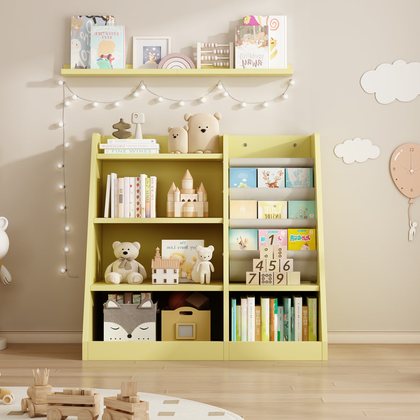 Floor Bookshelf for Kids, SHINPT Bookcase for Kids Rooms, Kids Bookshelf and Toy Storage with 4 Tiers, Wooden Book Storage for Playroom, Bedroom, Nursery, Hallway, School, Kindergarten, Living Room