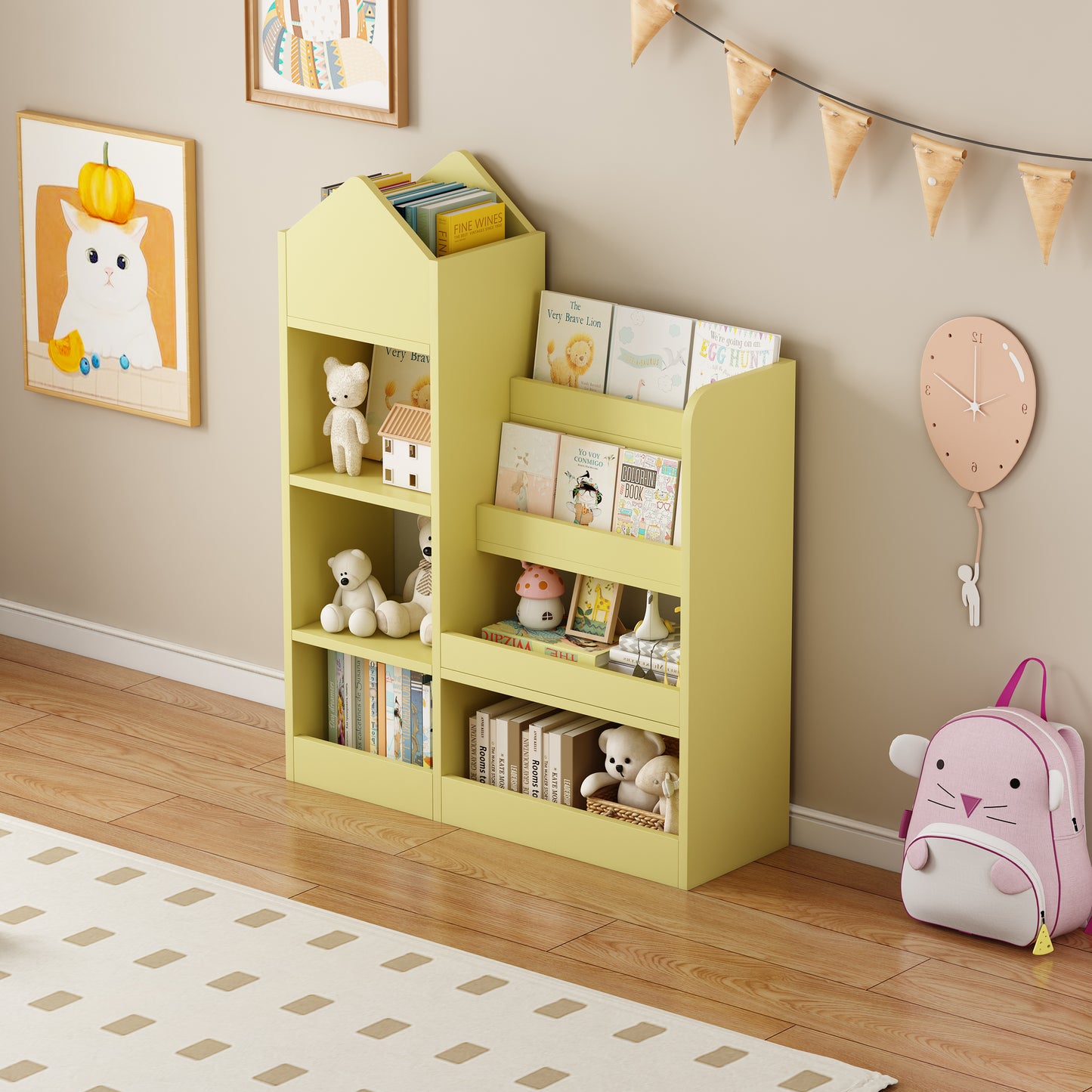 Children Bookshelf with 6 Compartments and 2 Baskets, SHINPT Small Bookshelf for Kids, Wooden Bookcase for Nursery, School, Kindergarten, Nursery Storage for Playroom, Bedroom, Hallway, Living Room