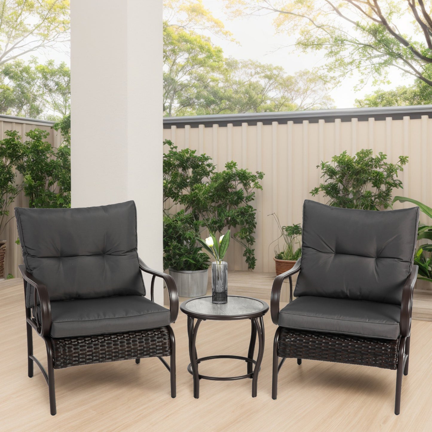 Outdoor Balcony Furniture Set, SHINPT Patio Table and Chairs Set, 3 Pieces Porch Furniture Set, Modern Rattan Chair Conversation Set with Coffee Table, Outdoor Furniture for Backyard, Lawn, Garden
