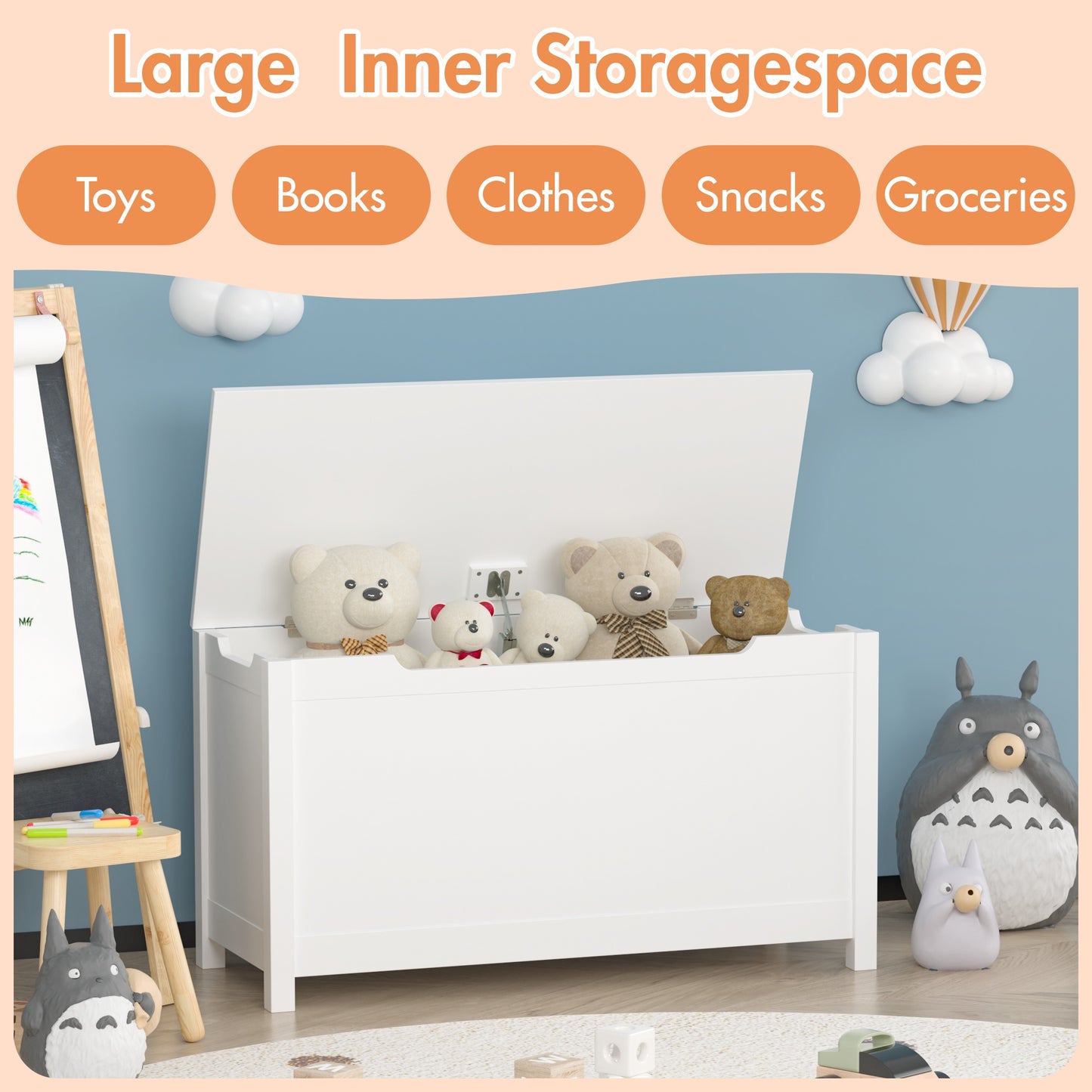 Wooden Toy Box Storage with Safety Hinges, SHINPT White Toy Box with Lid, Kids Toy Chest for bedroom, kids room, livingroom, Stylish Storage Organizer for boys and girls, Kids Toy Storage