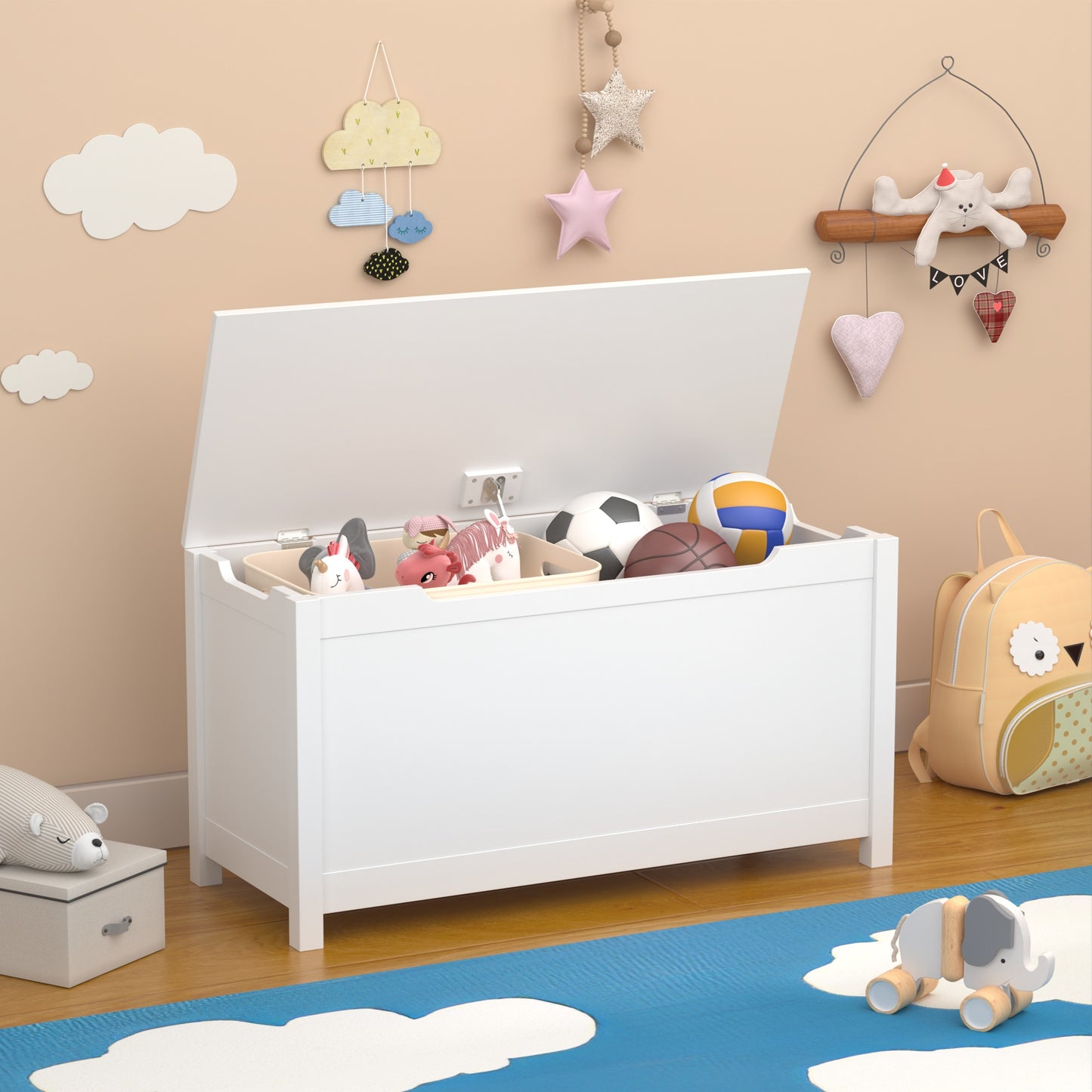 Wooden Toy Box Storage with Safety Hinges, SHINPT White Toy Box with Lid, Kids Toy Chest for bedroom, kids room, livingroom, Stylish Storage Organizer for boys and girls, Kids Toy Storage