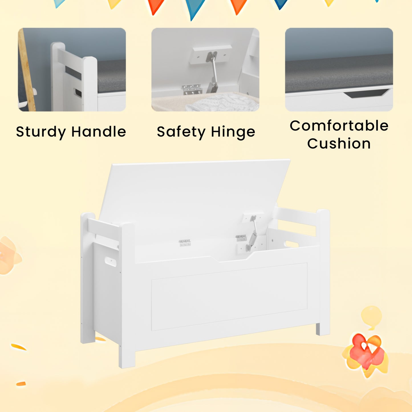 Kids Toy Chest for Boys and Girls, SHINPT Kids Toy Storage, Wooden Toy Box Storage with Lid, White Toy Box with Safety Hinges, Toy Chest Bench for Bedroom, Stylish Storage Organizer for Toys
