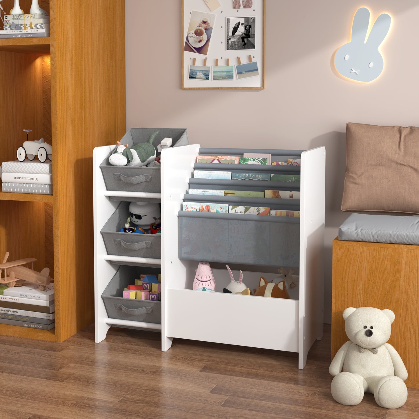 Bookshelf for Kids Rooms, SHINPT Toy Box with Bookshelf, Kids Storage Organizer with 3 Collapsible Fabric Drawers, Toy and Book Storage for Kids, Nursery Bookshelf for Playroom, Bedroom, Livingroom