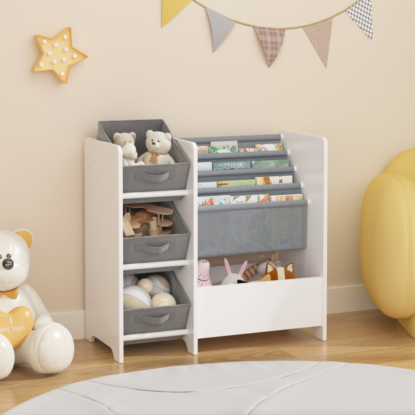 Bookshelf for Kids Rooms, SHINPT Toy Box with Bookshelf, Kids Storage Organizer with 3 Collapsible Fabric Drawers, Toy and Book Storage for Kids, Nursery Bookshelf for Playroom, Bedroom, Livingroom