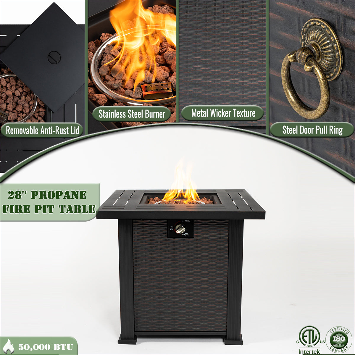 28" Propane Fire Pit Table, SHINPT Outdoor Gas Fire Pit Table, 50000 BTU Square Steel Fire Pit with Beautiful Wicker Base, Gas Fireplace for Garden, Patio, Yard, Backyard, Add Warmth to Parties