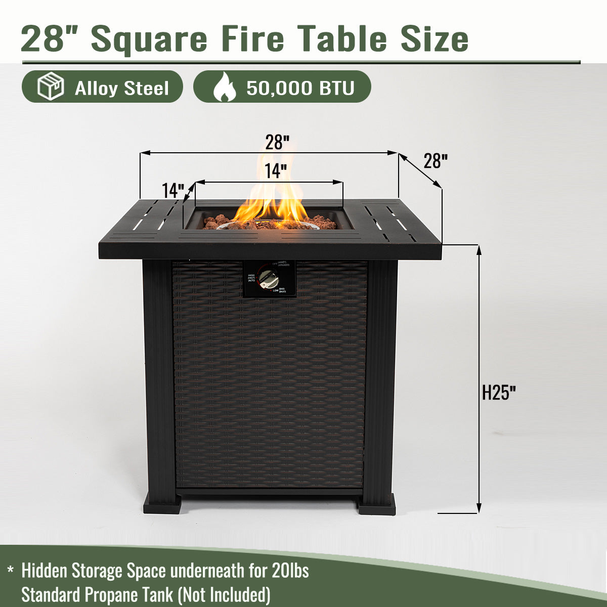 28" Propane Fire Pit Table, SHINPT Outdoor Gas Fire Pit Table, 50000 BTU Square Steel Fire Pit with Beautiful Wicker Base, Gas Fireplace for Garden, Patio, Yard, Backyard, Add Warmth to Parties