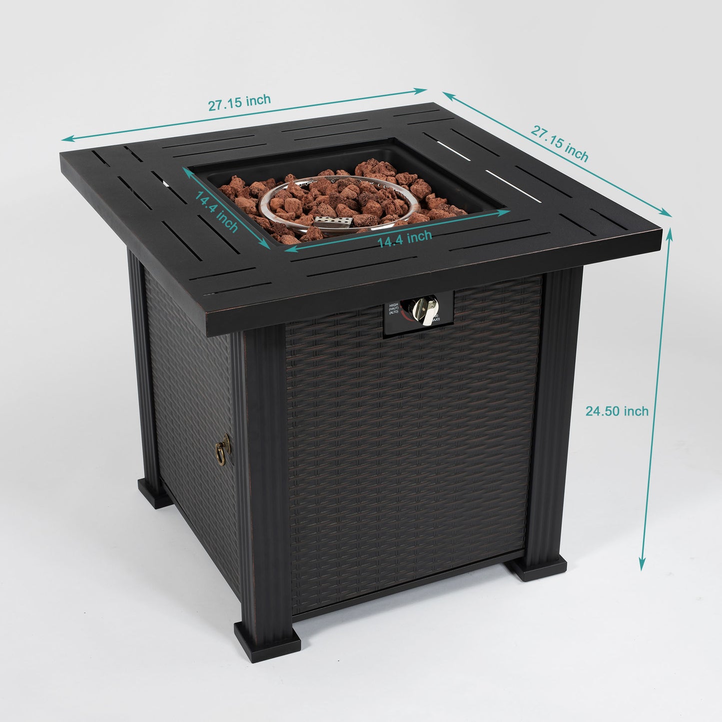 28" Propane Fire Pit Table, SHINPT Outdoor Gas Fire Pit Table, 50000 BTU Square Steel Fire Pit with Beautiful Wicker Base, Gas Fireplace for Garden, Patio, Yard, Backyard, Add Warmth to Parties