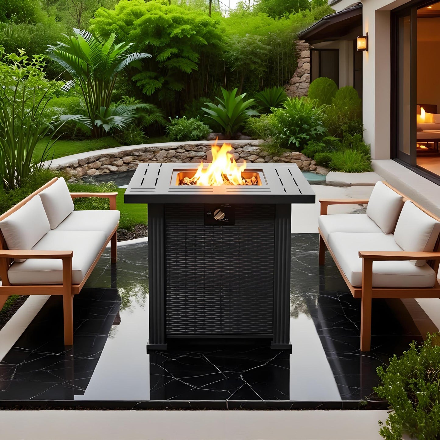 28" Propane Fire Pit Table, SHINPT Outdoor Gas Fire Pit Table, 50000 BTU Square Steel Fire Pit with Beautiful Wicker Base, Gas Fireplace for Garden, Patio, Yard, Backyard, Add Warmth to Parties