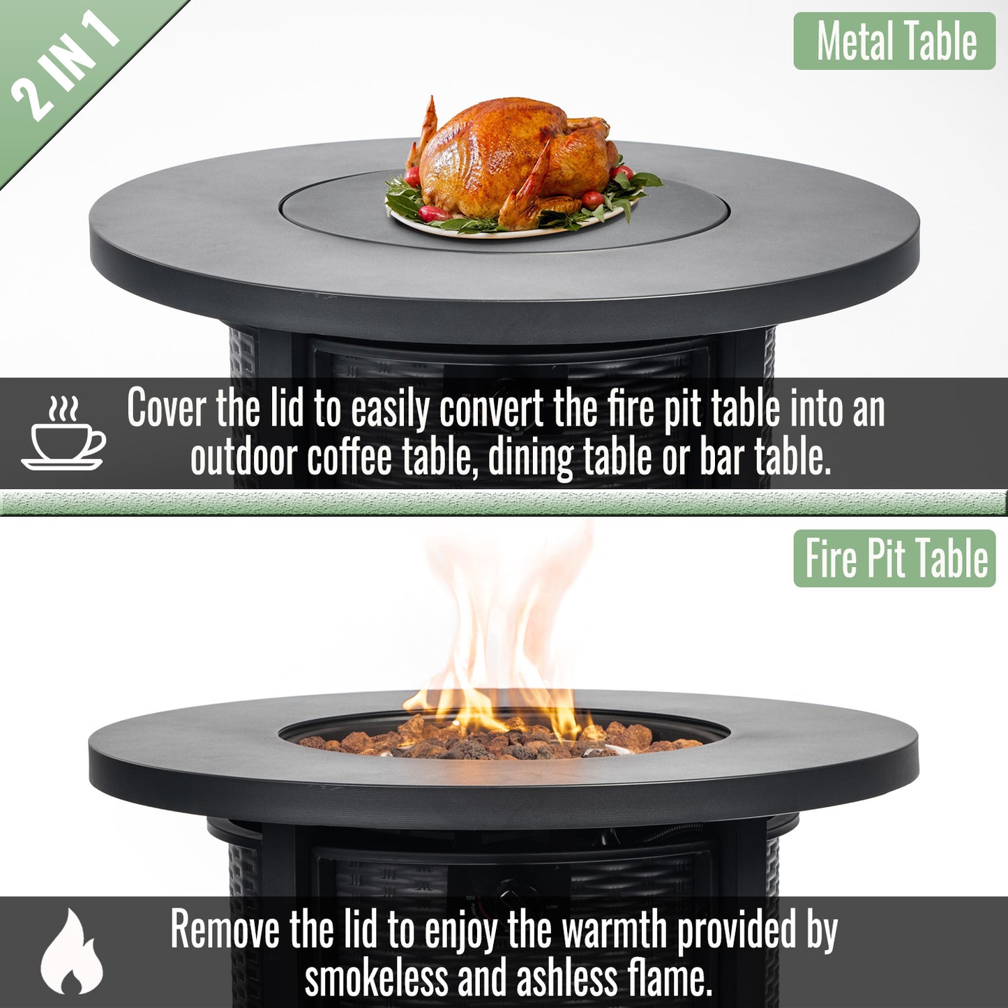 30" Round Gas Fire Pit Table, SHINPT Steel Fire Pit Table with Beautiful Wicker Base, 50000 BTU Round Propane Fire Pit, Outdoor Gas Fireplace for Backyard, Garden, Patio, Add Ambience to Gatherings