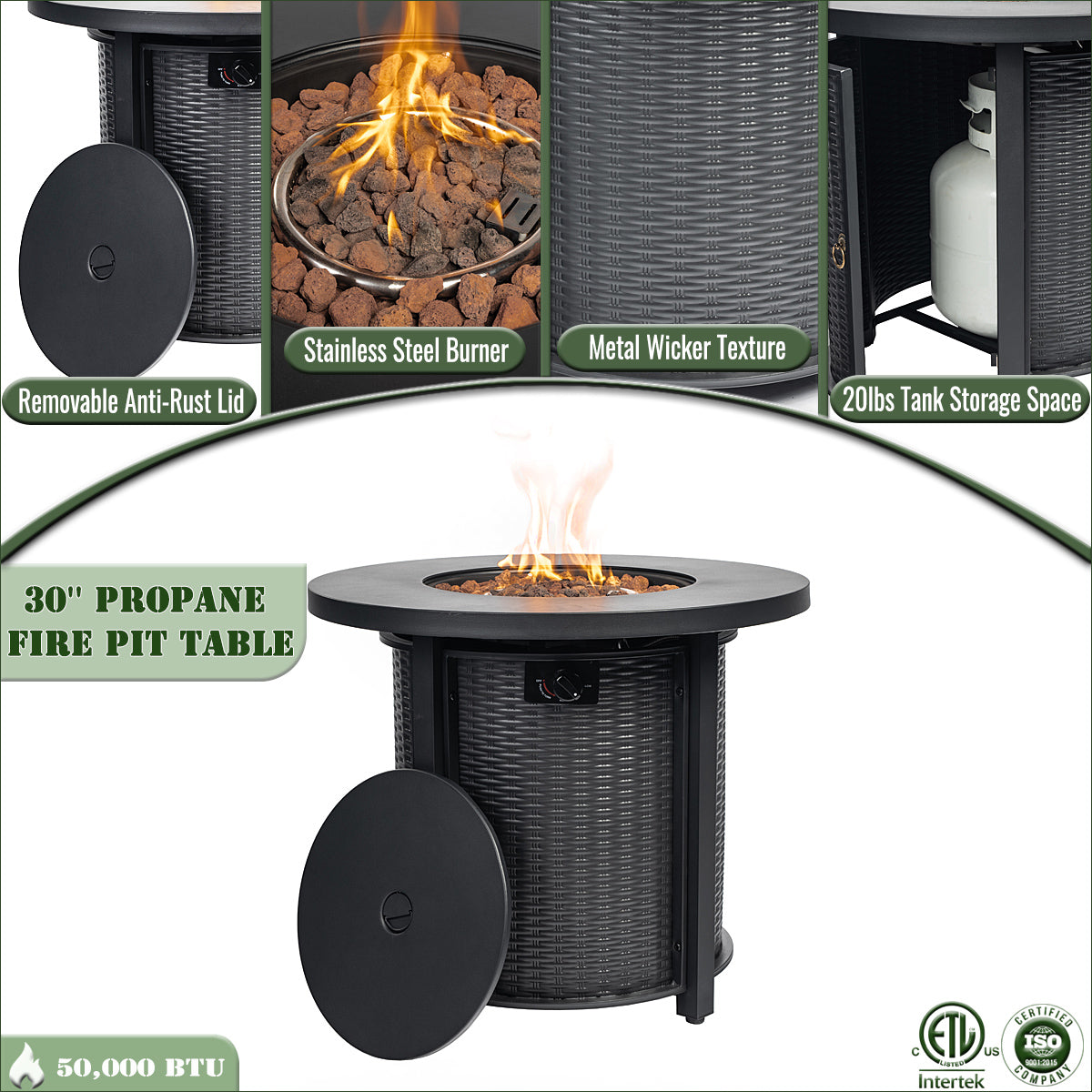 30" Round Gas Fire Pit Table, SHINPT Steel Fire Pit Table with Beautiful Wicker Base, 50000 BTU Round Propane Fire Pit, Outdoor Gas Fireplace for Backyard, Garden, Patio, Add Ambience to Gatherings
