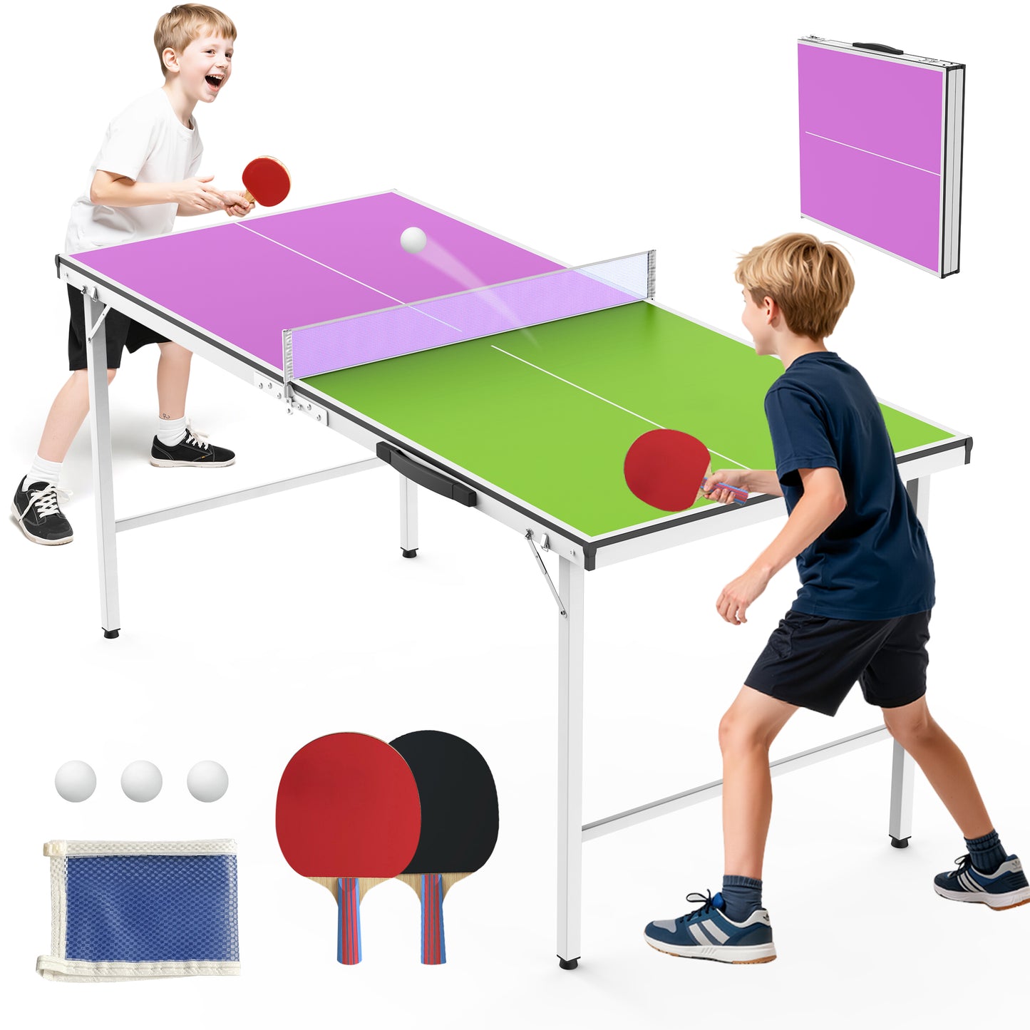 5FT Outdoor Ping Pong Table, SHINPT Table Tennis Table with Net and Paddles, 5ft Portable Ping Pong Table Set for Backyard, Patio, Basement, Waterproof Mini Ping Pong Table for Party/Family Games