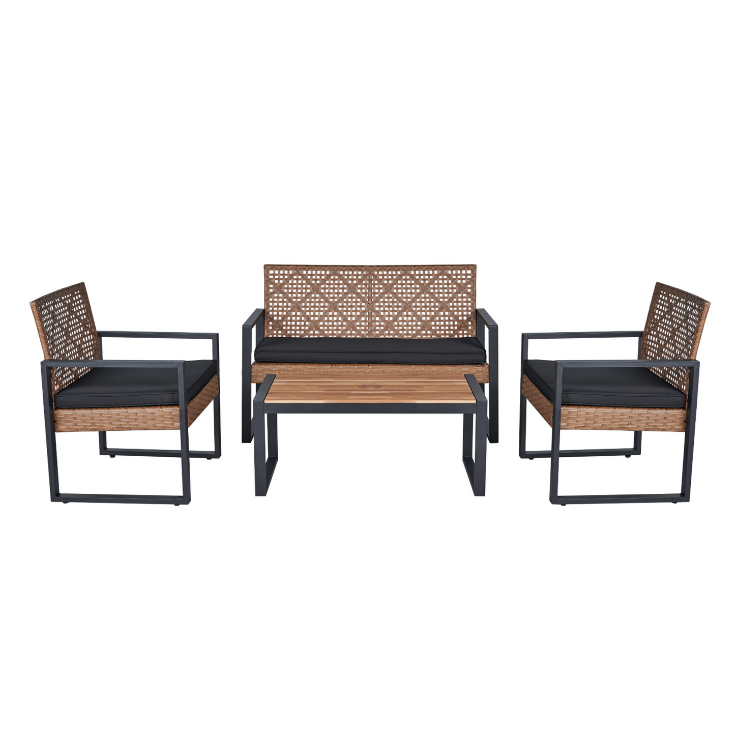 4 Piece Outdoor Patio Furniture Set, SHINPT All-Weather Rattan Wicker Furniture Set with Wood Table and Washable Cushions, Porch Furniture Sectional Loveseat for Balcony Garden Backyard Poolside