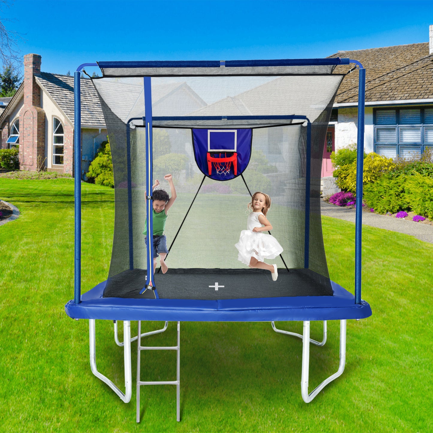 8x12 FT Heavy Duty Rectangular Trampoline with Safety Enclosure Net, Basketball Hoop & Ladder for Kids and Adults, 1200lbs Capacity, UV-Resistant Jump Mat, Ideal for Gymnastics & Backyard Fun