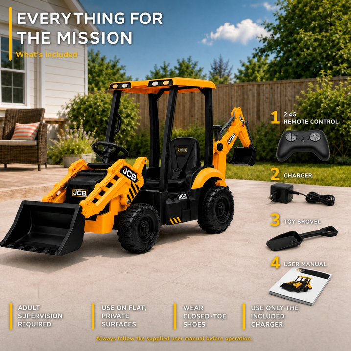 SHINPT Ride on Excavator, JCB, Realistic 2-in-1 Construction,  Toddler Excavator, Shovel & Digger, Electric Ride on Toy, 12V Battery Powered, Remote Control, Yellow, for Toddlers Boys 3-5 Years Old