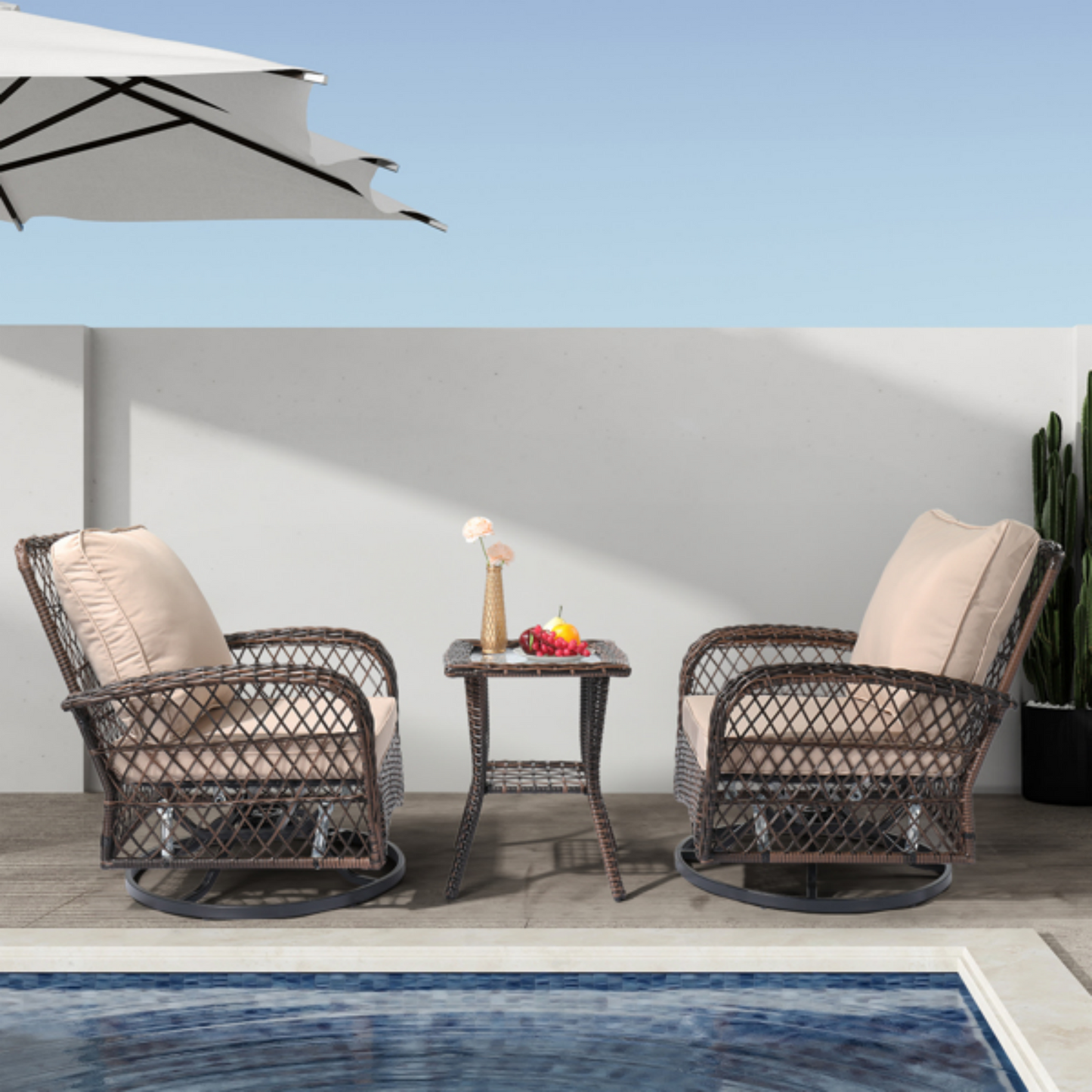 3-Piece Outdoor Swivel Rocker Set with Side Table & Weather-Resistant Cushions, Outdoor Patio Furniture Set with PE Wicker Glider Chairs for Porch, Deck, Backyard (Brown Gradient)