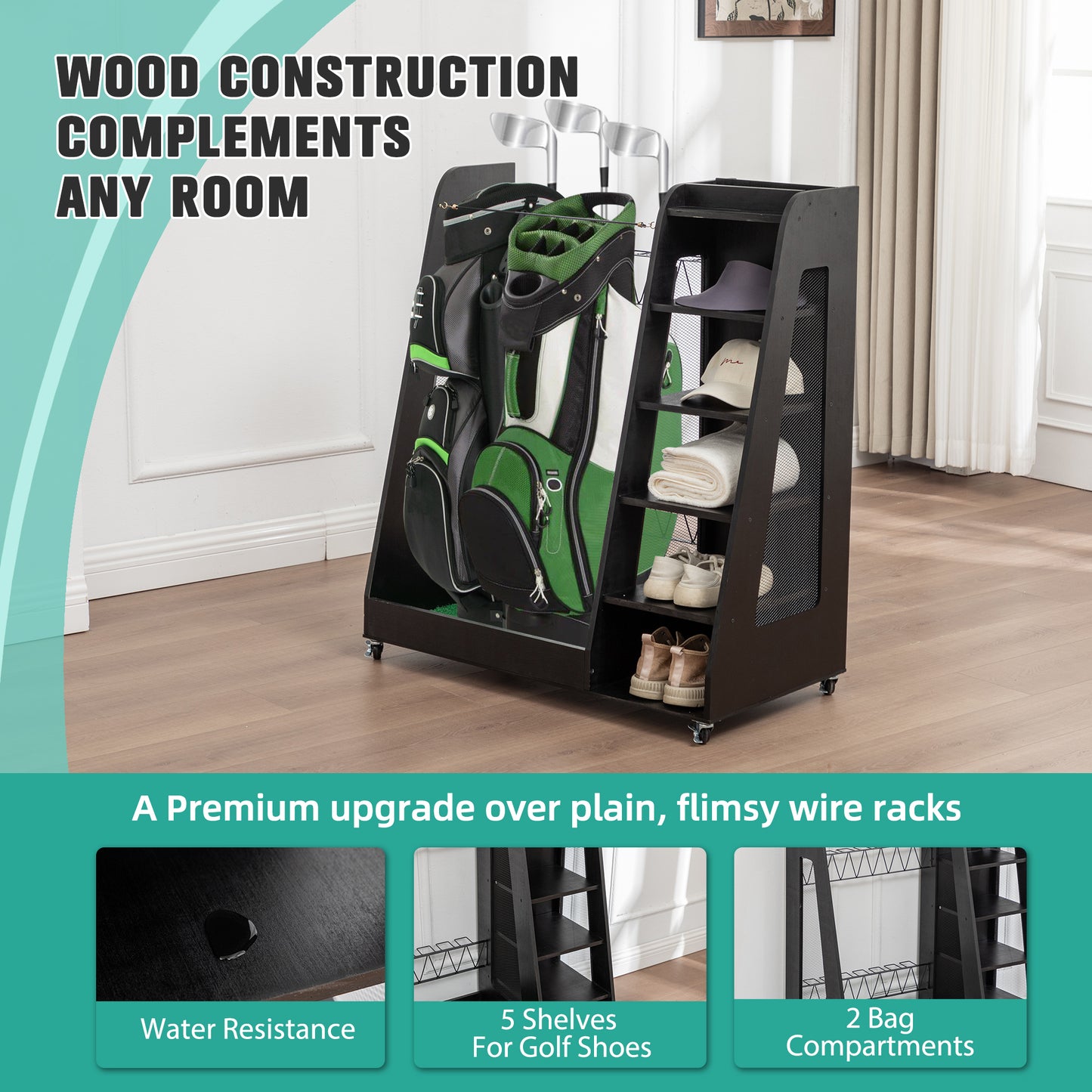 35.5" Golf Bag Storage with Drawers, SHINPT Wooden Golf Bag Organizer for Golf Balls, Shoes & Accessories, Heavy Duty Golf Storage Organizer for Garage, Basement, Easy to Assemble Golf Storage Rack