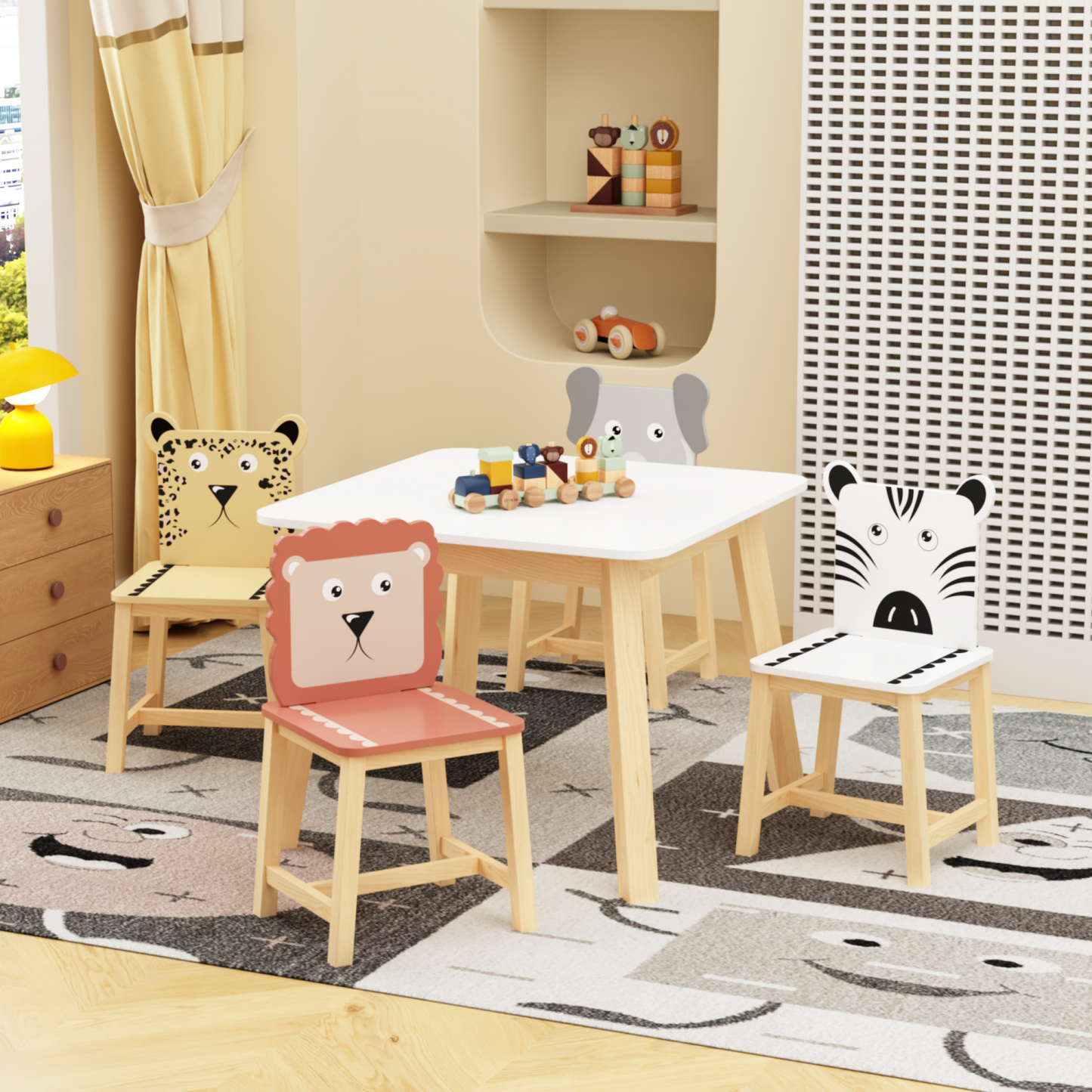 Kids Table and 4 Chairs Set, SHINPT 5 Pieces Wooden Activity Play Table Set with Non-Slip Legs , Toddler Table and Chair Set with Cute Animal, Kids Activity Table for Playroom, Classroom, Home