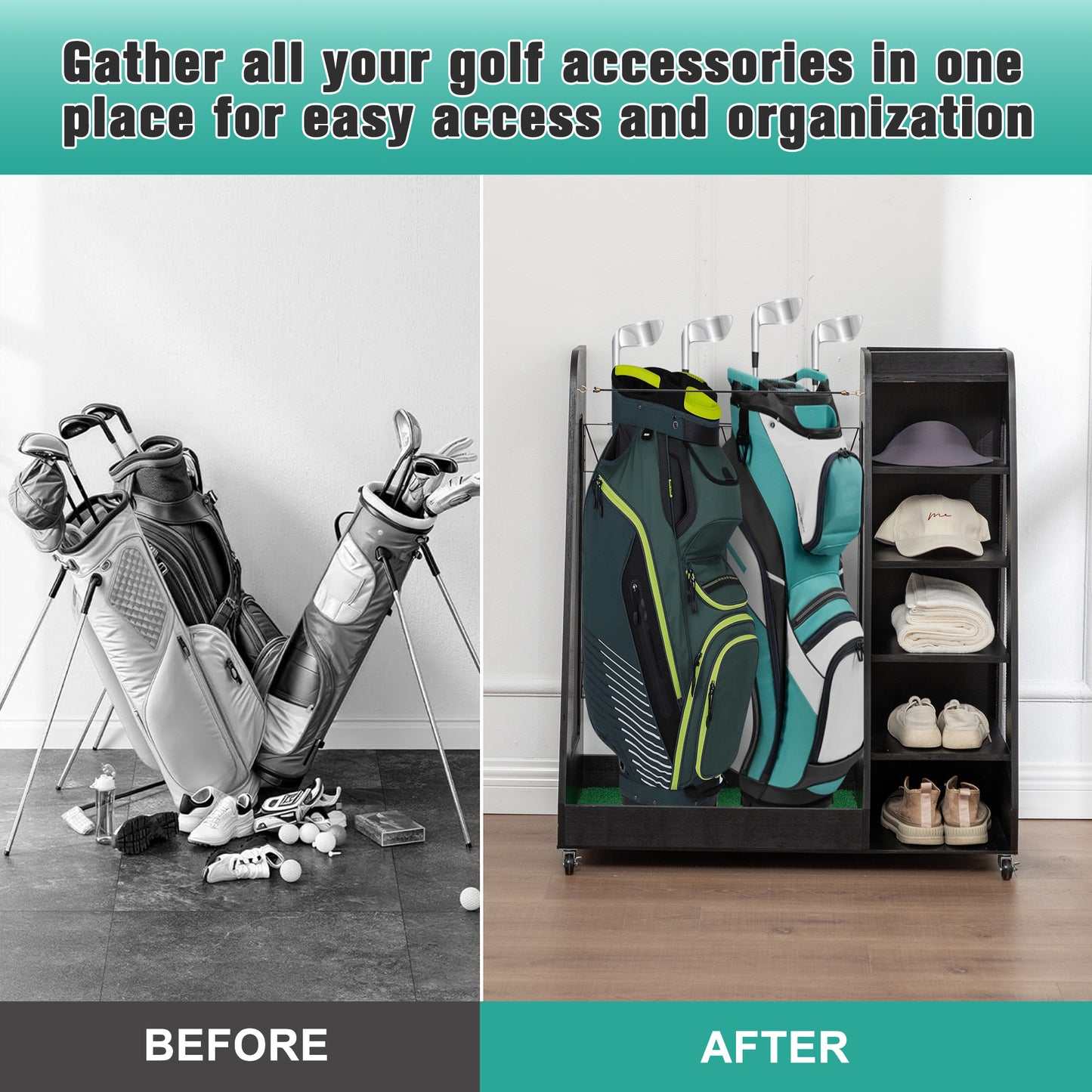 35.5" Golf Bag Storage with Drawers, SHINPT Wooden Golf Bag Organizer for Golf Balls, Shoes & Accessories, Heavy Duty Golf Storage Organizer for Garage, Basement, Easy to Assemble Golf Storage Rack