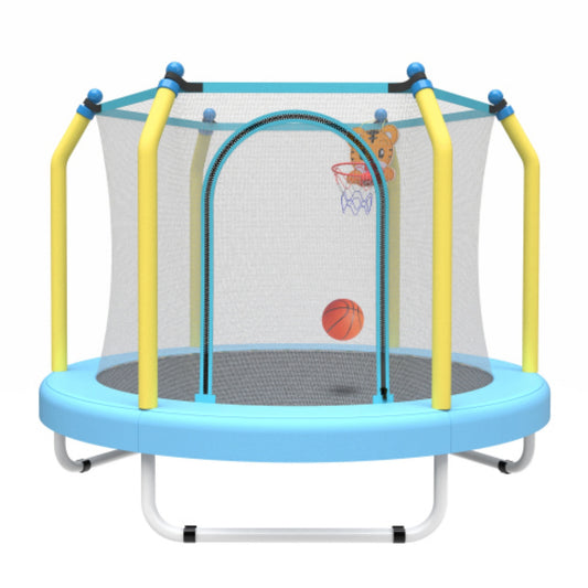55" Toddler Trampoline with Enclosure Net, 4.6 ft Mini Trampoline for Kids with Basketball Hoop, Indoor Outdoor Toddler Recreational Tranpolines , Gifts for Boys Girls Aged 3-6