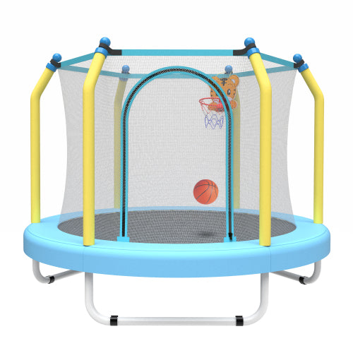 55" Toddler Trampoline with Enclosure Net, 4.6 ft Mini Trampoline for Kids with Basketball Hoop, Indoor Outdoor Toddler Recreational Tranpolines , Gifts for Boys Girls Aged 3-6
