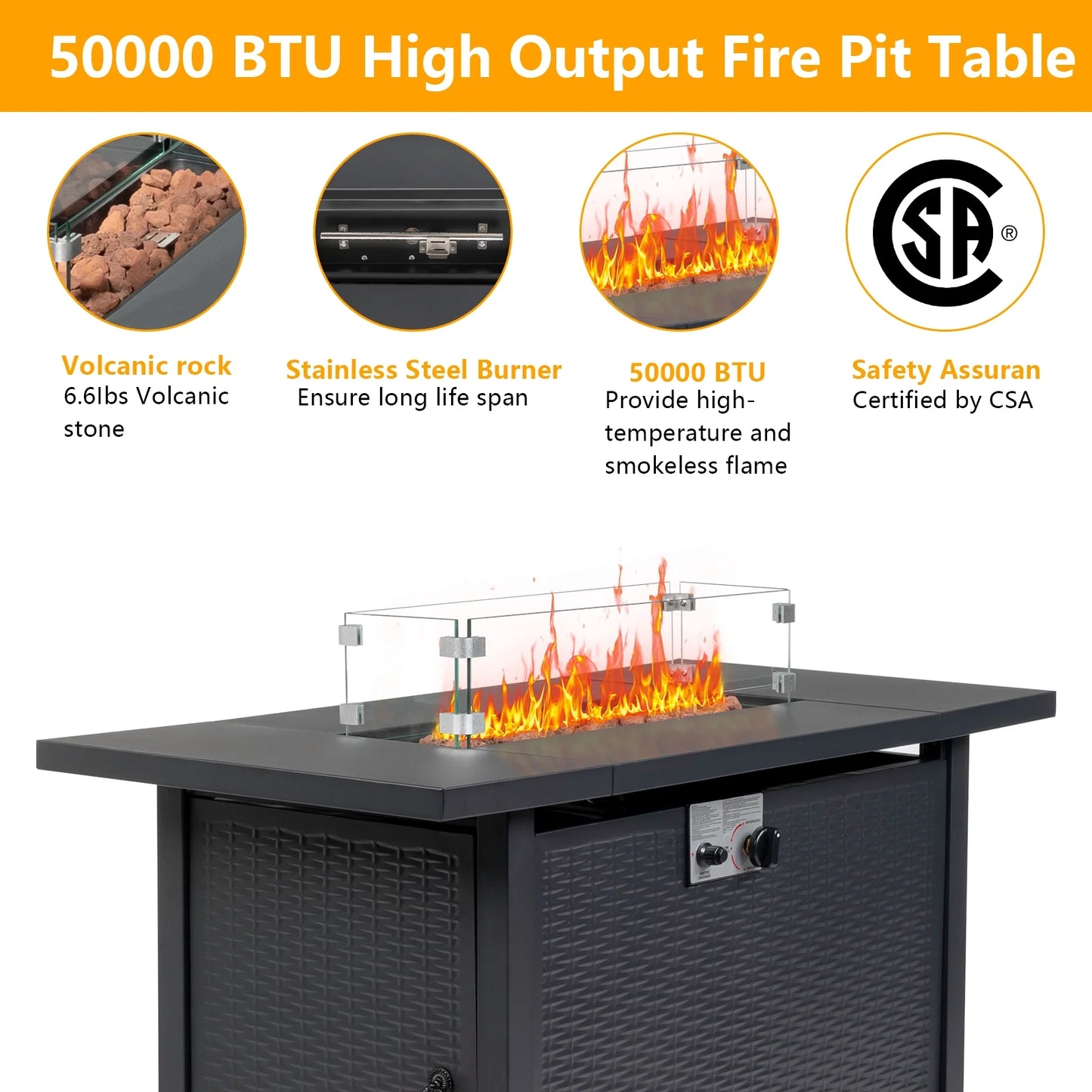 SHINPT 43 inch Fire Table，50000 BTU Propane Fire Pit Table with Volcanic Stone, Flame-Out Protection,Perfect for Patio, Backyard