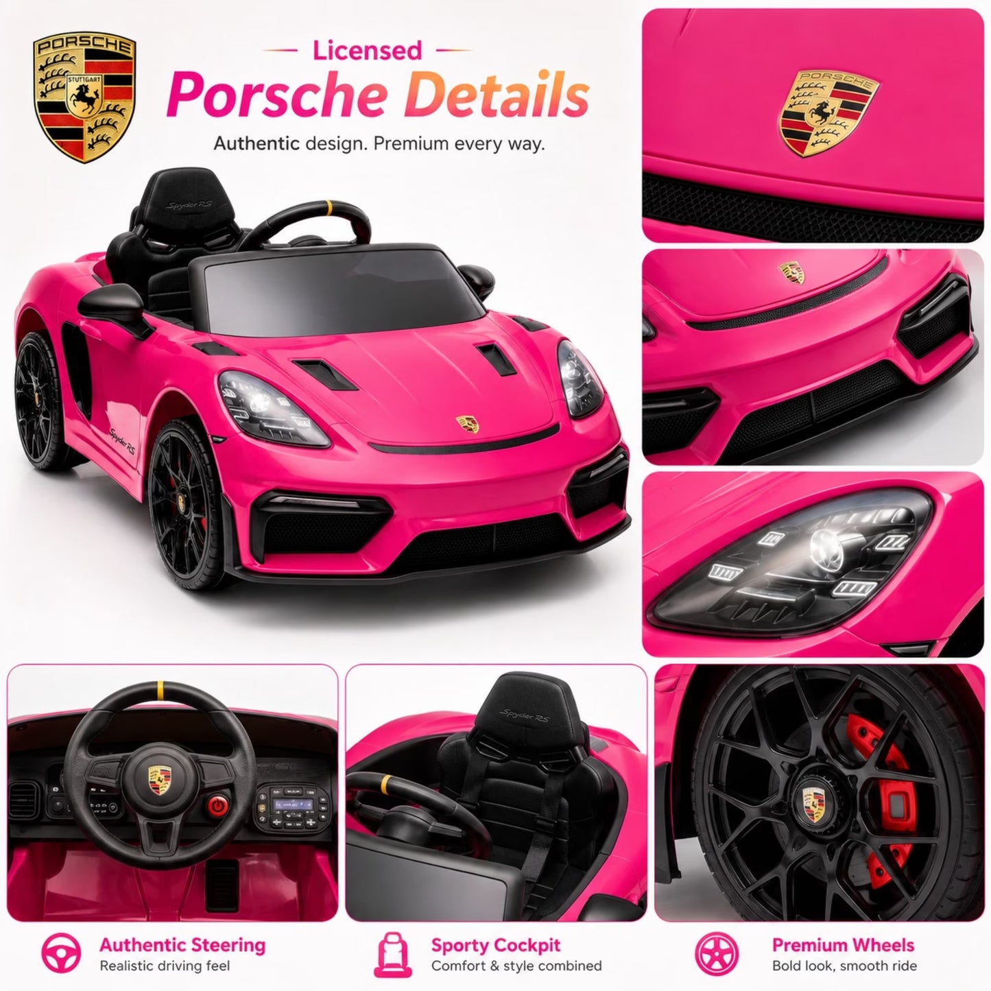 SHINPT Electric Ride On Car, Licensed Porsche Kids Electric Car with 2.4G Parent Remote Control & Bluetooth, 12V 2WD Toddler Ride On Toy 3 Speeds LED Lights Black for Kids Ages 3-5, Backyard Play