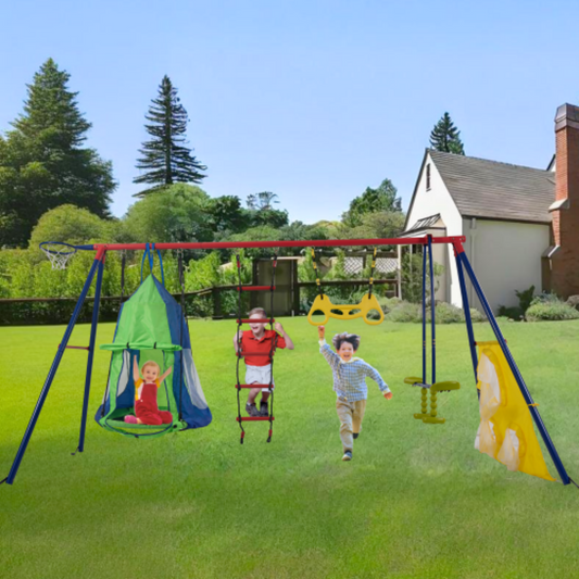 Yardmaster 6in1 Swing Sets for Backyard, Rainbow Colour Kids Swingset with Climbing Ladder and Basketball Hoop, Padded Saucer Swing with Soccer Net and Two Facing Swings