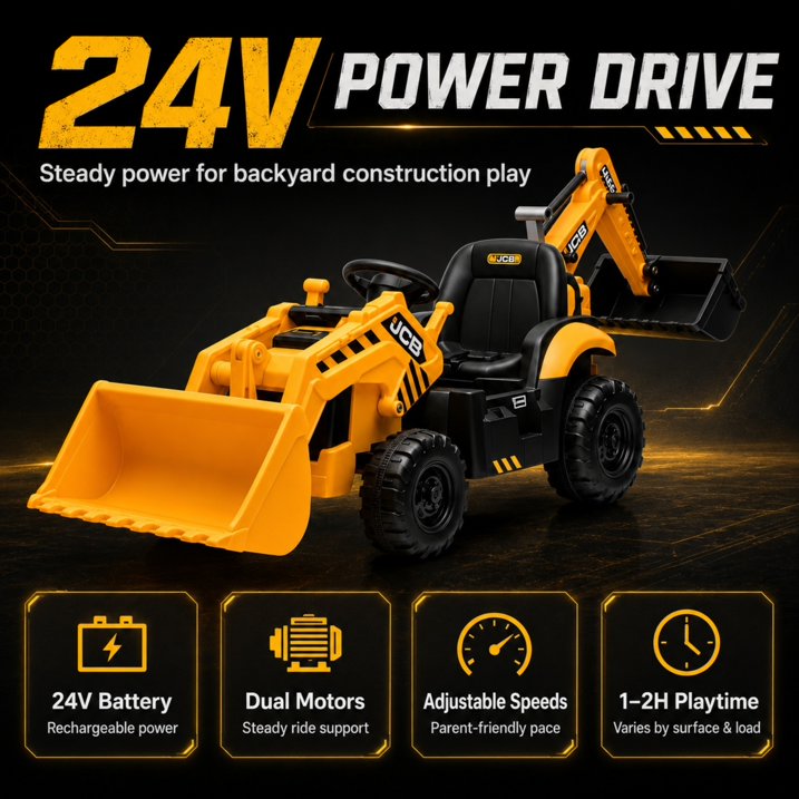 SHINPT Ride on Excavator, JCB, 24V Dual Motors,  Digger Ride on Toy, Front Loader & Backhoe, Remote Control Construction Toy, Yellow, for Toddler Boys 3-5 Years Old
