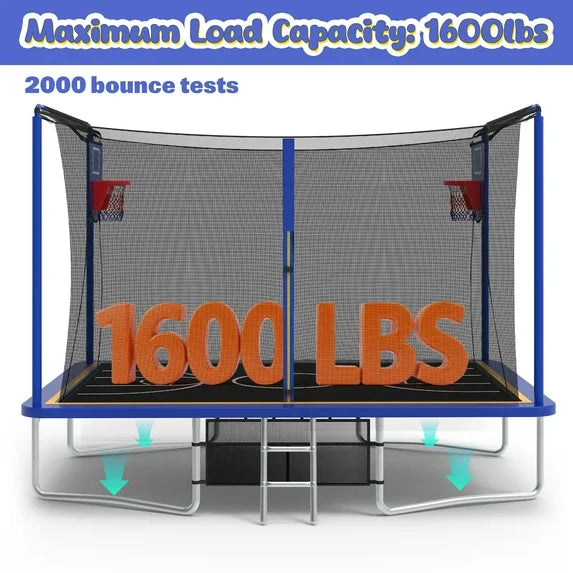 SHINPT 8 ×12 ft Rectangle Trampoline for Kids and Adult, Rectangular trampoline with 2 Basketball Hoops, Outdoor Big Trampoline with 360 Degree Safety Net, Square Trampoline with 4 W-Legs