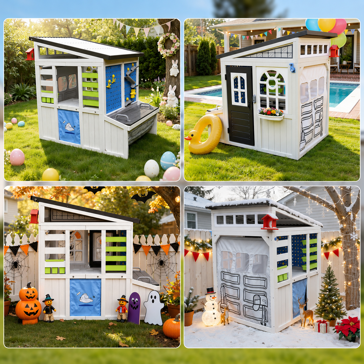 Wooden Playhouse for Kids, SHINPT Kids Outdoor Playhouse Storage Shed Style with Doorbell and Simulation Tool Kits, Backyard Playhouse for Garden, Lawn, Outdoor Toys Gift for Girls and Boys Ages 3+