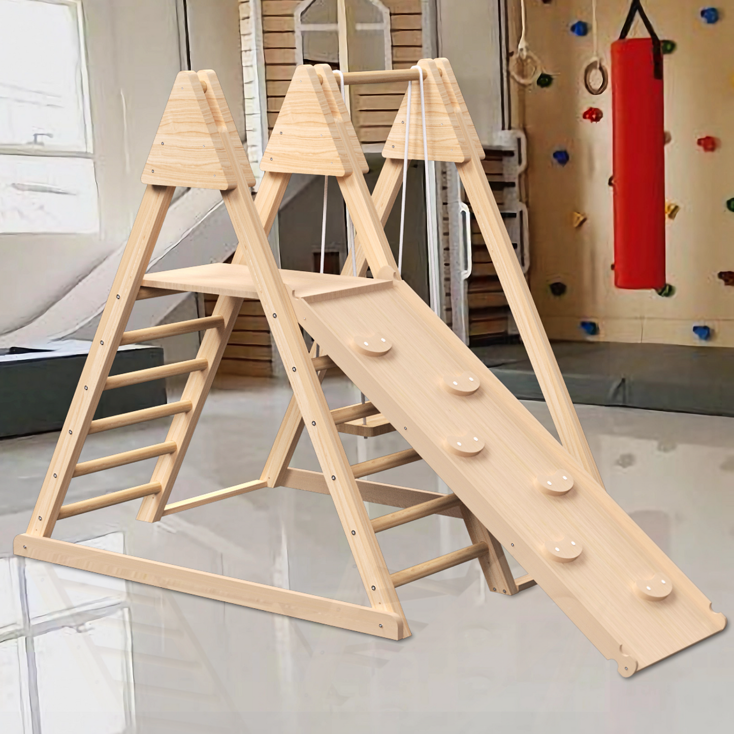 4-in-1 Indoor Jungle Gym, Wooden Indoor Climbing Toys with Baby Swing, Slide, Ladder, and Climbing Wall, Foldable Wooden Playset for Kids & Toddlers Ages 2-6, Best Gift for Boys and Girls
