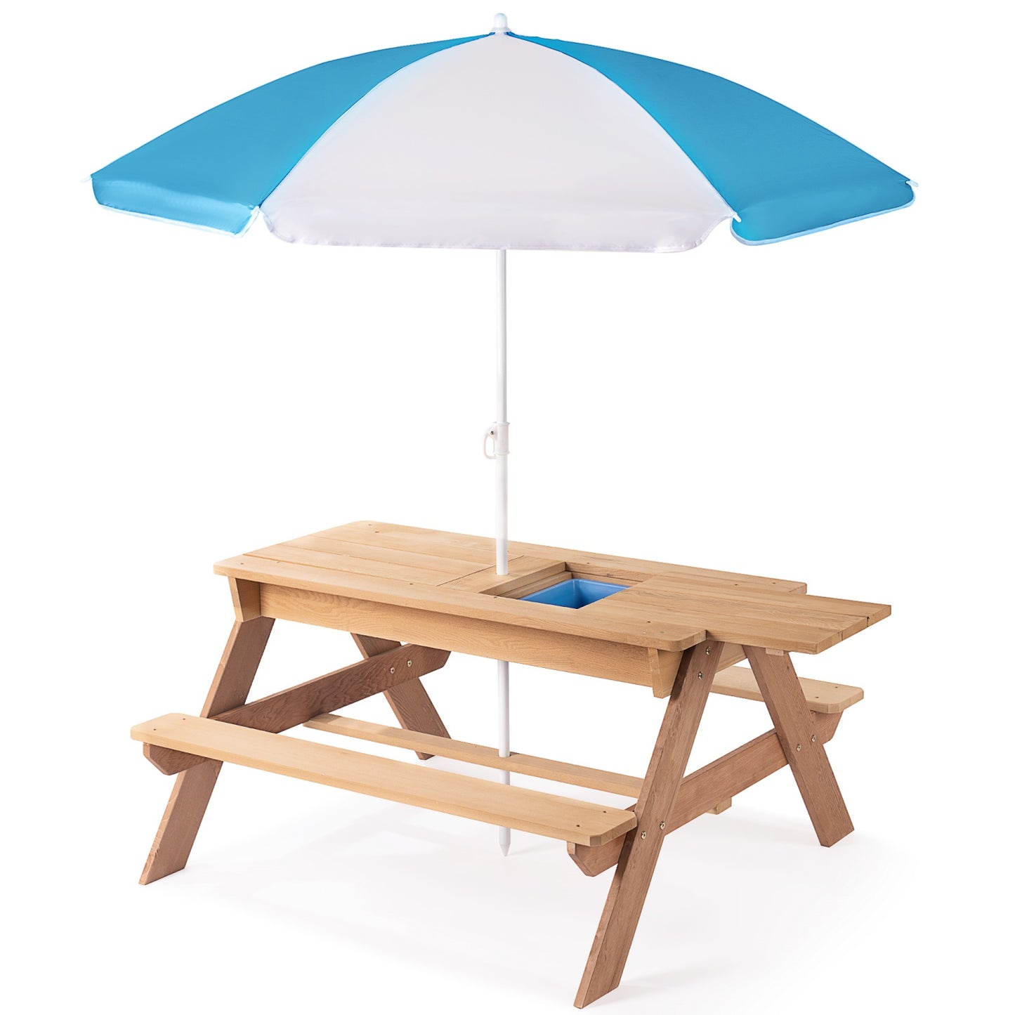 Kids Picnic Table, SHINPT 3-in-1 Outdoor Wooden Table with Adjustable Umbrella, Toddler Activity & Dining Table with Built-in Bench & Removable Boxes, Children Picnic Tables for Outdoors, Backyard