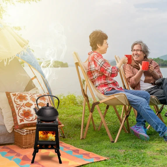 BTMWAY Wood Burning Camp Stove, Portable Cast Iron Camping Wood Stove, Black Woodstove with Carrying Case for Backpacking Outdoor Cooking, Large