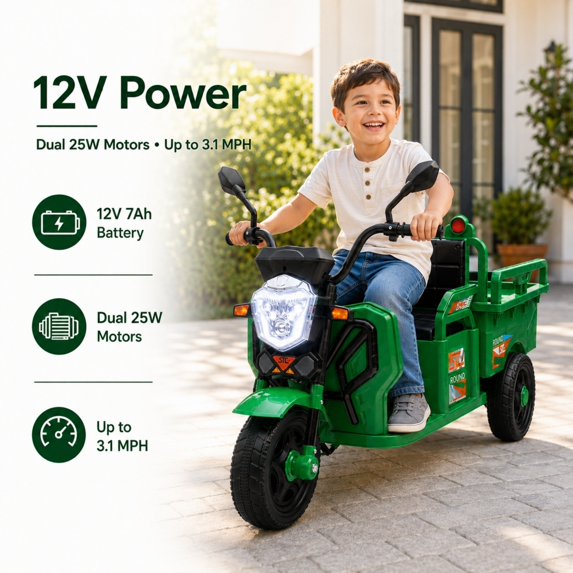 12V Kids Ride on Toy, SHINPT Powered Ride on Car with Large Storage Bed, 3-Wheel Cargo Truck with LED Lights & Music, Wide Seat, Toddler Ride on Toys for Ages 3-6, Green