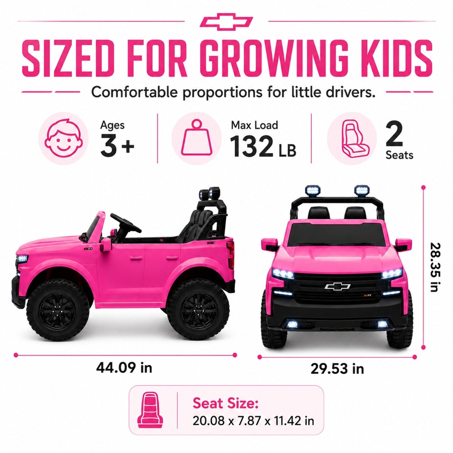 SHINPT 24V Ride on Car, Chevrolet Silverado Licensed, 2 Seater Electric Truck for Kids, Remote Control, 3-Speed, Safety Belt, Bluetooth Music, LED Headlights, Battery Power, Ages 3+, 46.30lbs, Pink