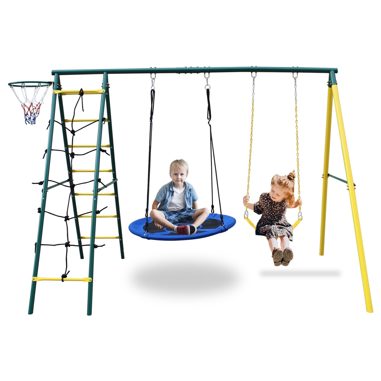 5 in 1 Swing Sets for Backyard, SHINPT Kids Outdoor Playground Equipment with Saucer Swing, A-Frame Heavy Duty Metal Swing Set with Climbing Ladder and Basketball Hoop for Age 3-8, 400 lbs Capacity