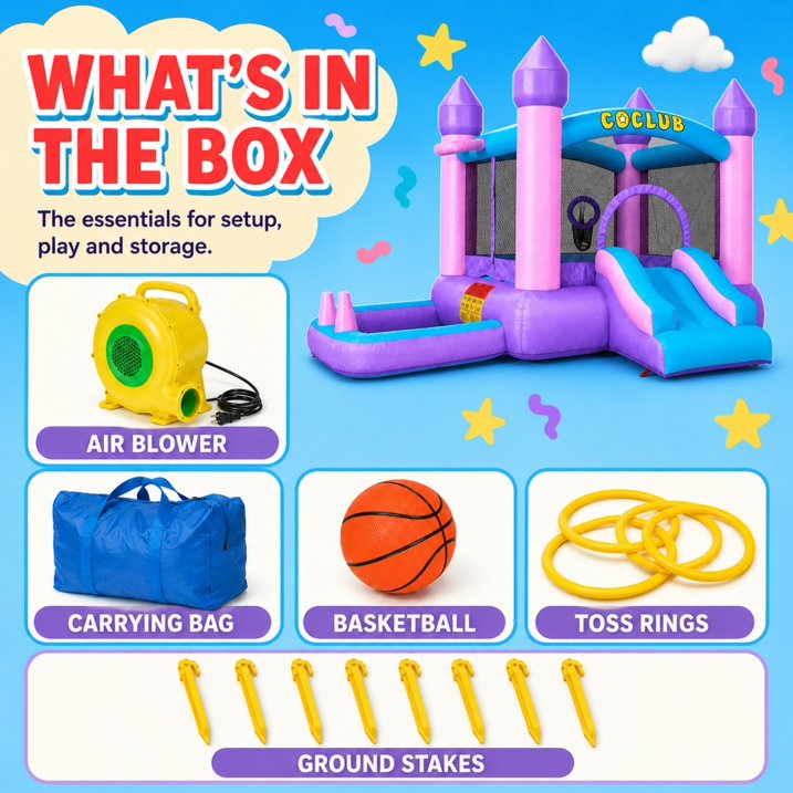 SHINPT Inflatable Bounce House for Kids, 6-in-1 Bounce House w/480W Air Blower, Indoor Outdoor Bouncy Castle Jump House w/Slide, Crawl-Thru Door & Net, Dartboard, Basketball Hoop, Football Goal