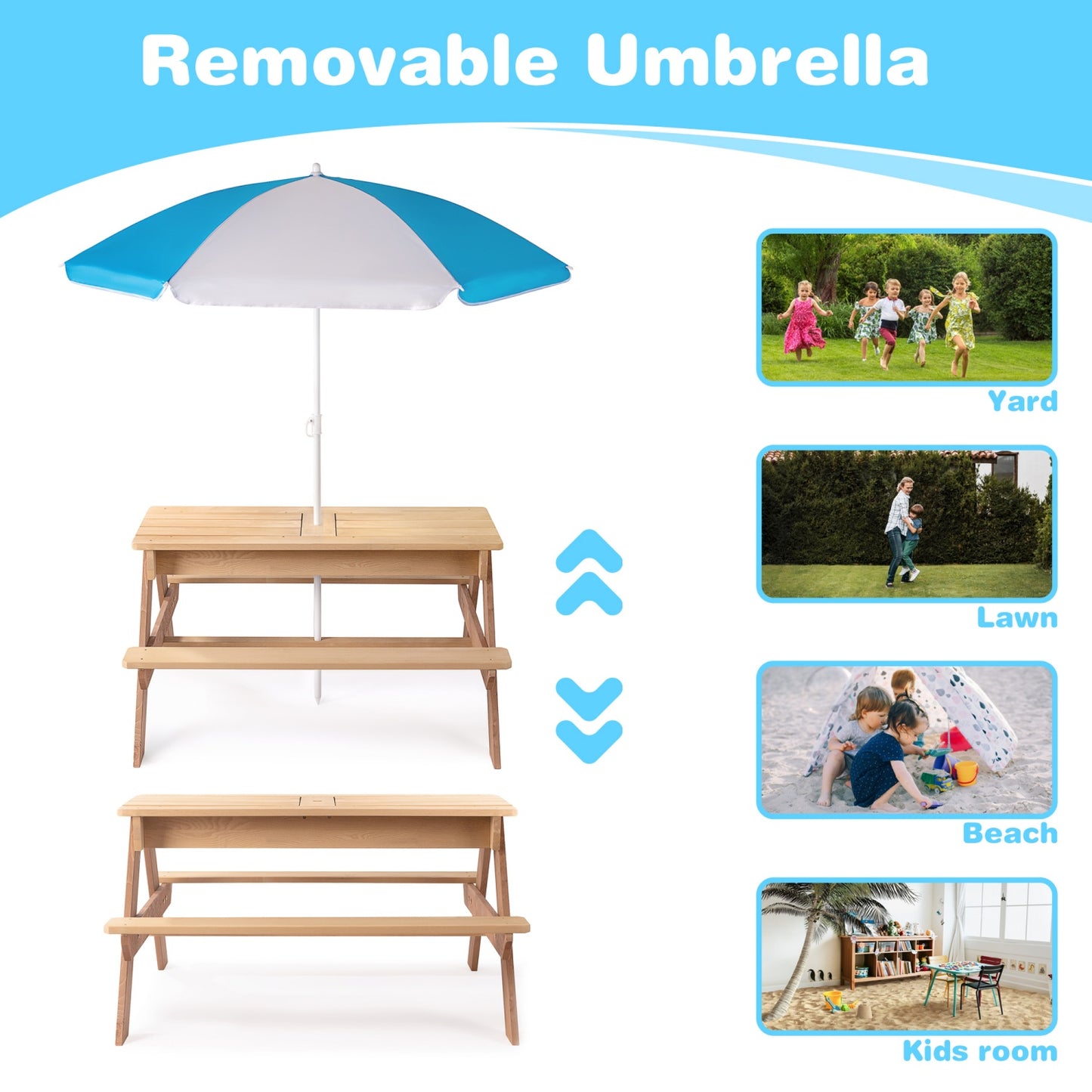 Kids Picnic Table, SHINPT 3-in-1 Outdoor Wooden Table with Adjustable Umbrella, Toddler Activity & Dining Table with Built-in Bench & Removable Boxes, Children Picnic Tables for Outdoors, Backyard