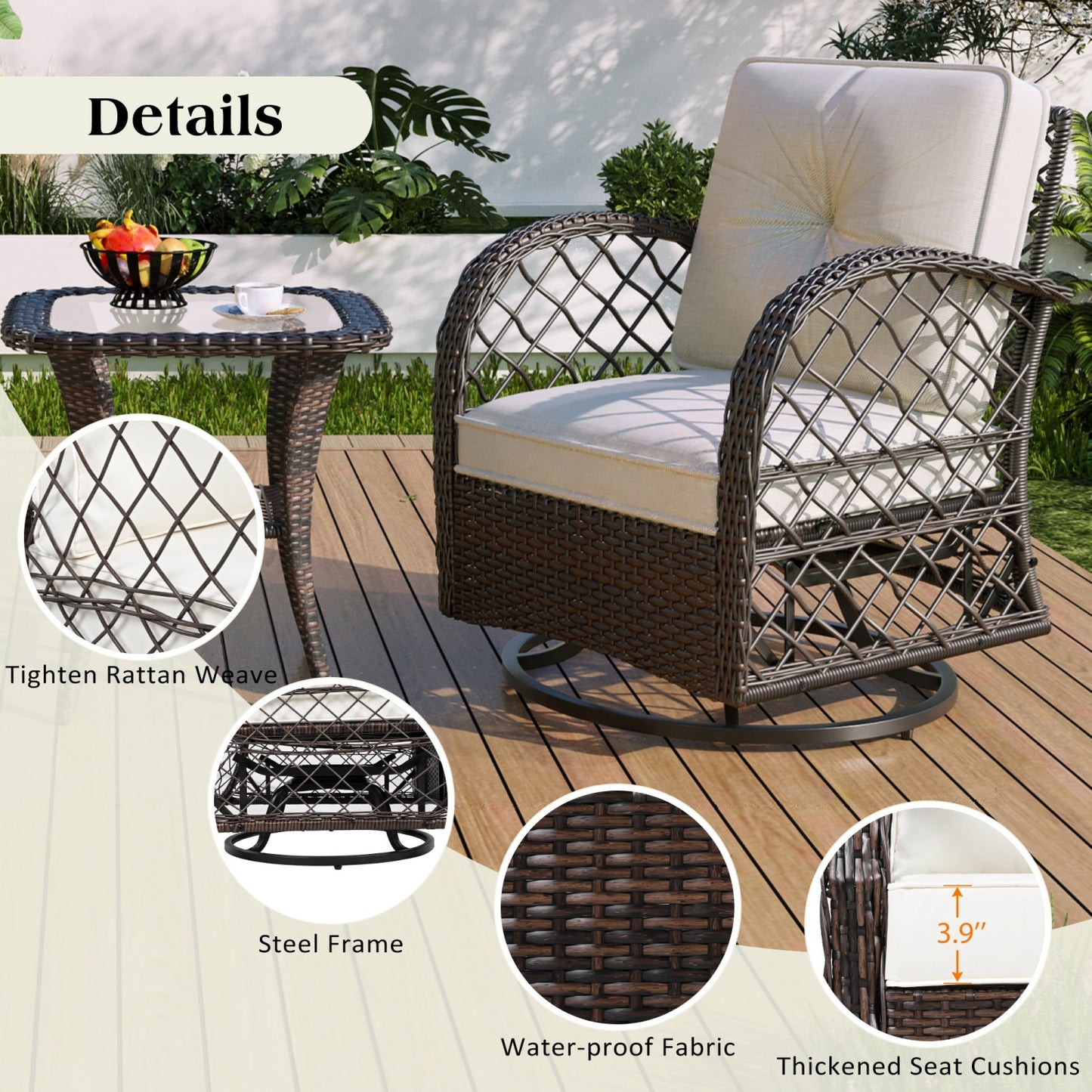 Outdoor Rocking Chair Set of 2, SHINPT All Weather Wicker Patio Furniture Set with Premium Fabric Cushions, Front Porch furniture Set with Table Set for Balcony, Deck, Yard, Natural/Brown