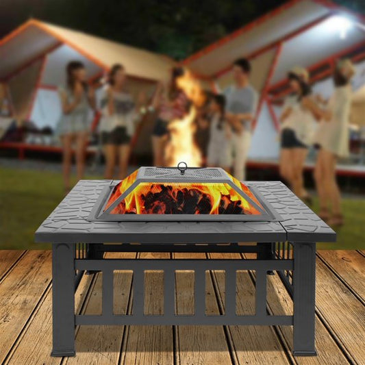 BTMWAY Portable Square Fire Pit, 32" Courtyard Metal Fire Pit with Mesh Lid and Poker, Ideal for Camping, Heating, Picnic and BBQ Grill