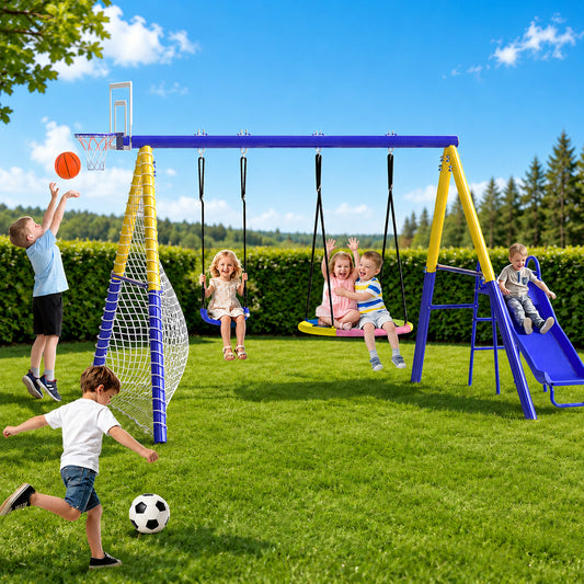 5 in 1 Metal Swing Sets for Backyard, SHINPT Outdoor Kids Swing Set with Slide, Saucer Swing Seat, Belt Swing Seat, Basketball Hoop, Soccer Net, Heavy Duty Backyard Playground Set for Kids