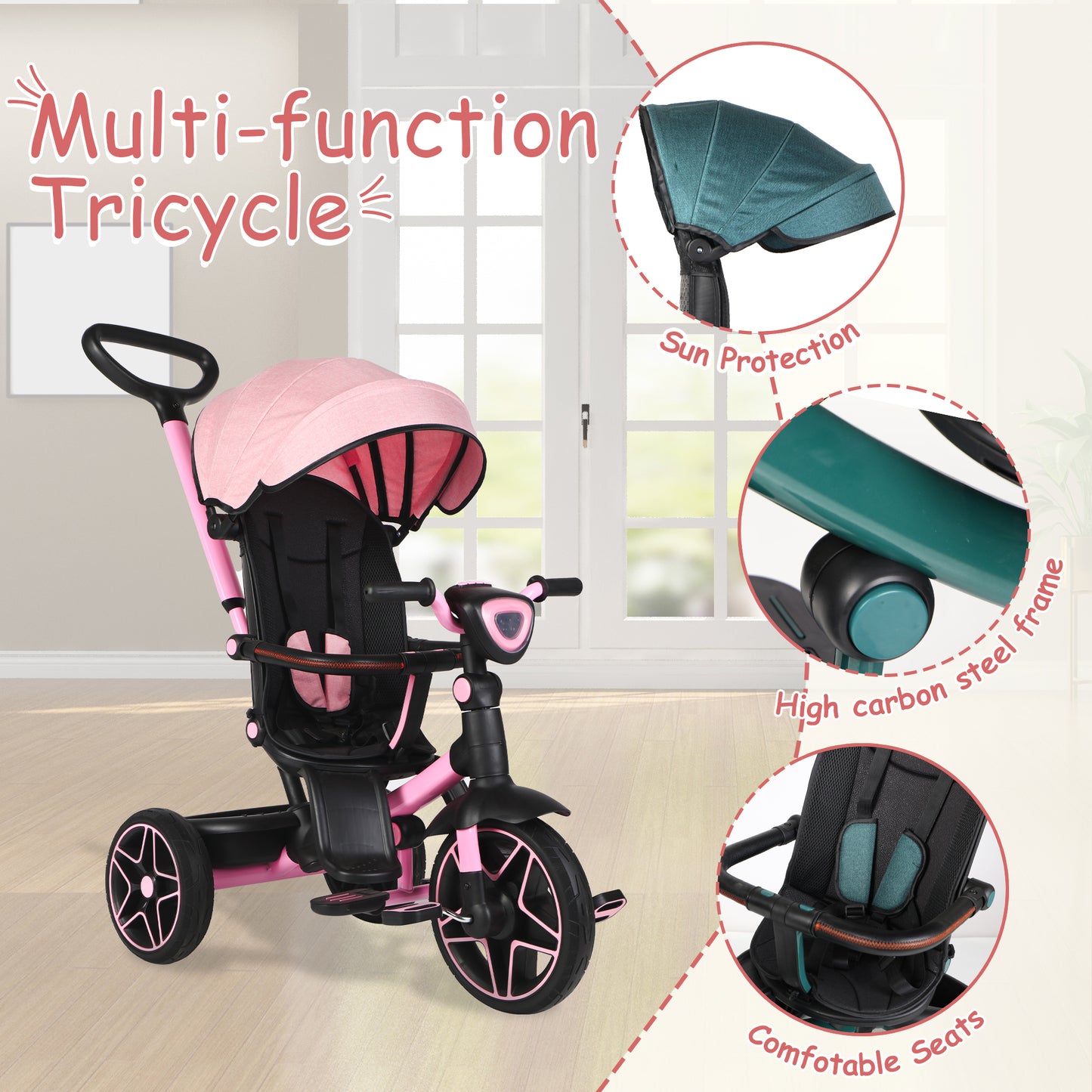 Shinpt 6 in 1 Kids' Baby Tricycle Stroller with 360°Rotatable Seat, Retractable Canopy, Adjustable Push Handle, Detachable Guardrail, and Rear Basket for Toddlers 18 Months to 6 Years，Pink