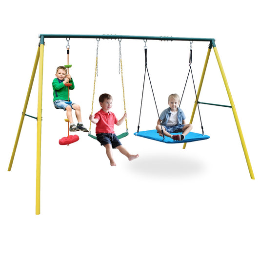 Metal Swing Set for Backyard, Small Swing Sets for Kids Aged 3-12, 3in1 Toddler Swing Set with Climbing Rope, Belt Swing and Saucer Swing for Playground, Garden, Park, 300lbs Capacity