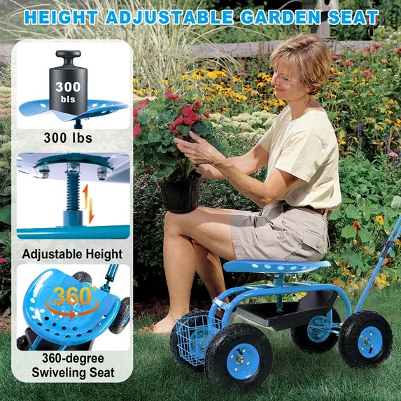 Garden Cart Rolling Scooter, SHINPT Patio Gardening Stool Work Seat with Tool Tray, Garden Cart with Wheel Extendable Handle for Seniors, 360 Swivel Seat & Utility Basket