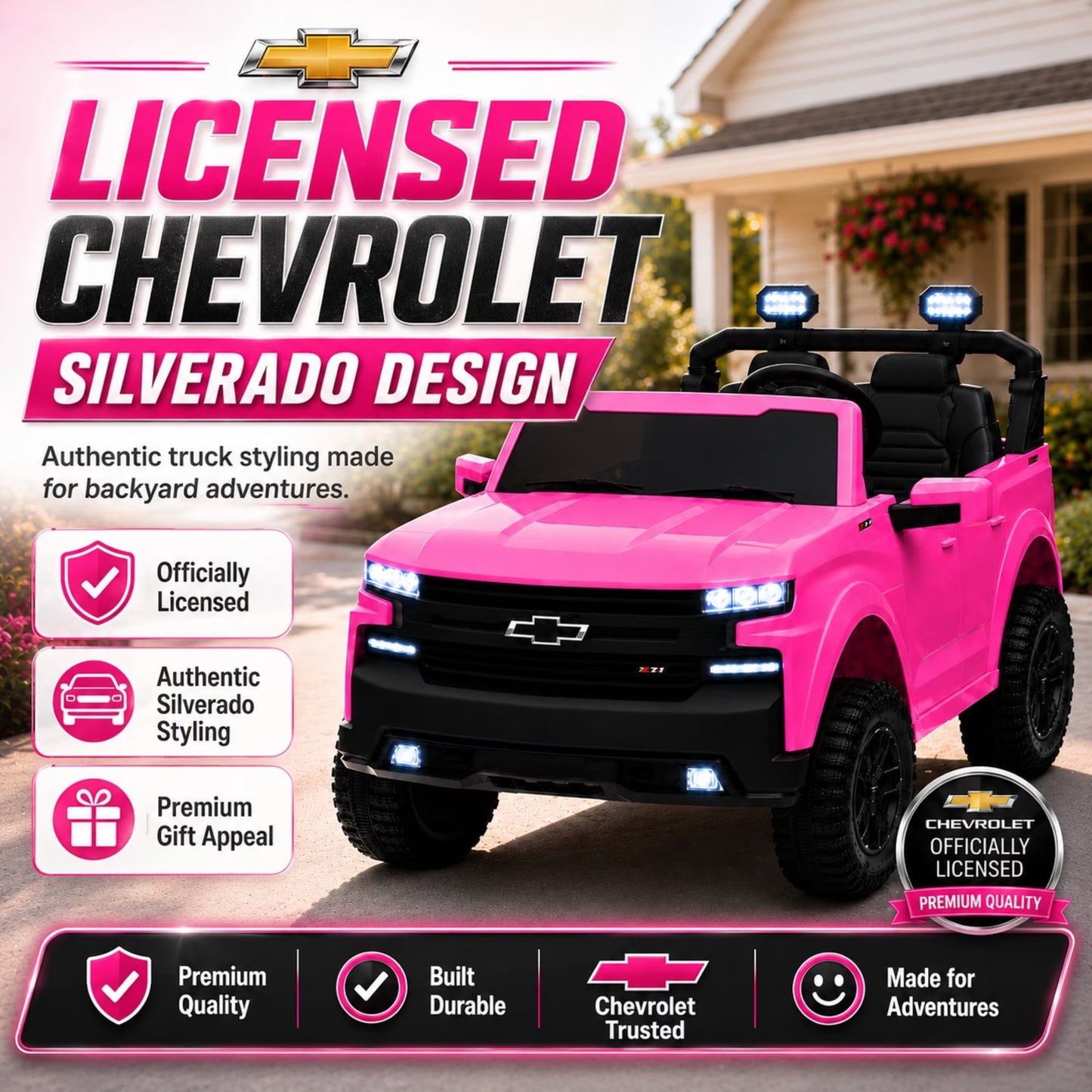 SHINPT 24V Ride on Car, Chevrolet Silverado Licensed, 2 Seater Electric Truck for Kids, Remote Control, 3-Speed, Safety Belt, Bluetooth Music, LED Headlights, Battery Power, Ages 3+, 46.30lbs, Pink