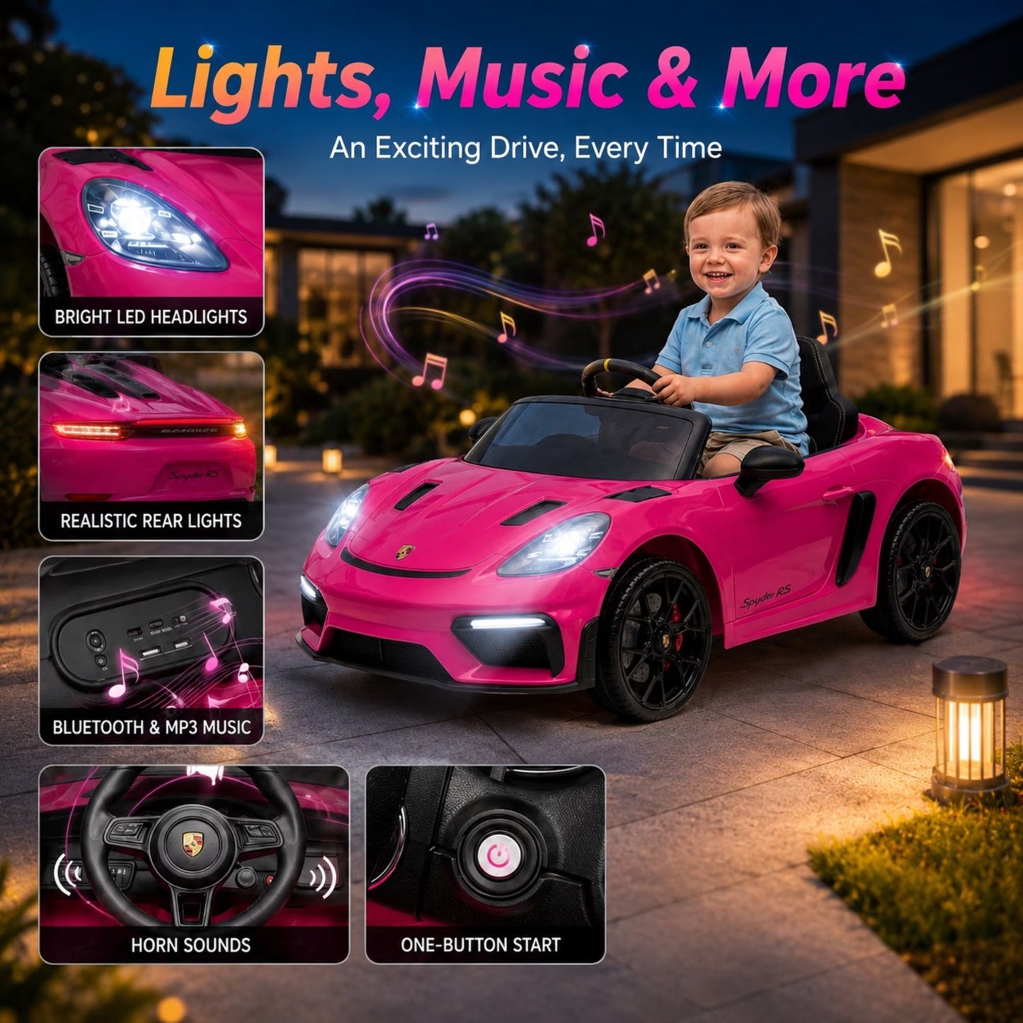 SHINPT Electric Ride On Car, Licensed Porsche Kids Electric Car with 2.4G Parent Remote Control & Bluetooth, 12V 2WD Toddler Ride On Toy 3 Speeds LED Lights Black for Kids Ages 3-5, Backyard Play