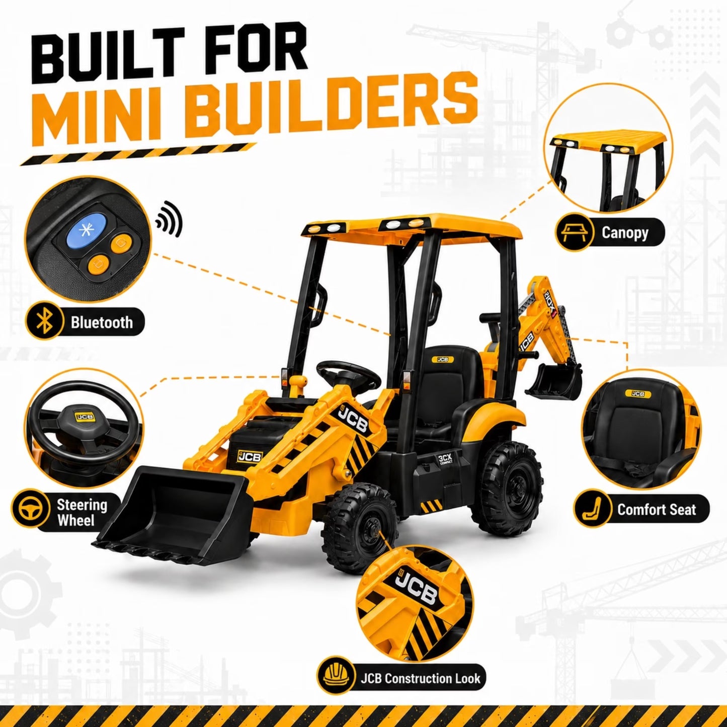 SHINPT Ride on Excavator, JCB, Realistic 2-in-1 Construction,  Toddler Excavator, Shovel & Digger, Electric Ride on Toy, 12V Battery Powered, Remote Control, Yellow, for Toddlers Boys 3-5 Years Old