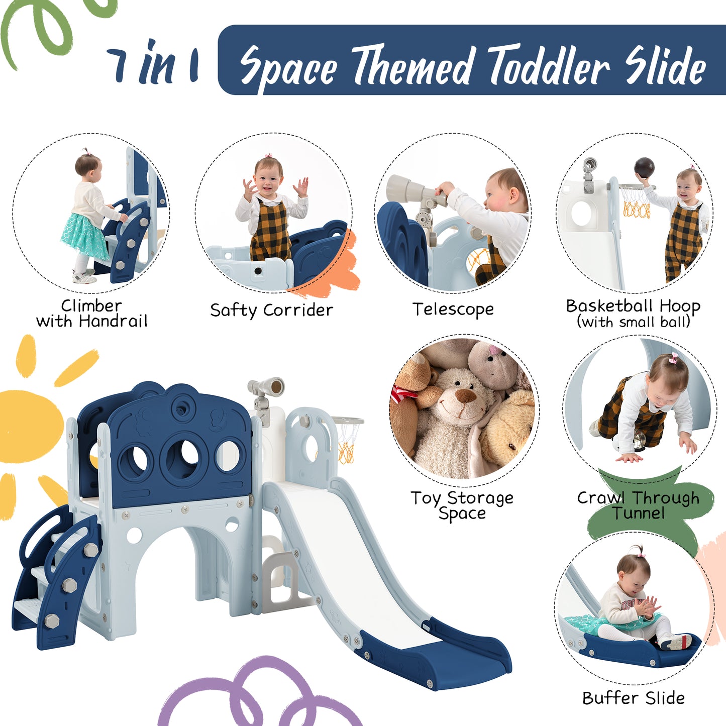 7 in 1 Toddler Slide Set, Freestanding Spaceship Set with Slide, Kids Slide Playset Structure, Arch Tunnel and Basketball Hoop, Toy Storage Organizer for Toddlers, Kids Climbers Playground,Purple